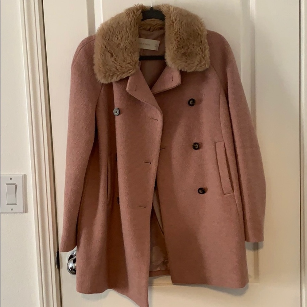 Zara Basic Blush Faux Fur Collared Coat